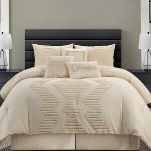 7-Pc King Comforter Set Stratford Park Tufted Embroidery Decor Pillows Beige
